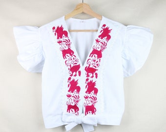 Embroidered by Hand Mexican Traditional Artisan Floral Women's Blouse Multicolored Handcrafted Vibrant / Cropped Top Flared Sleeve Cotton