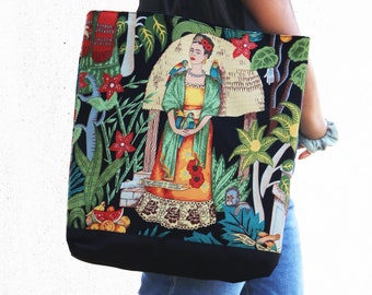 フリーダトートバッグ - プリントコットン、アーティスト、マーケットバッグ、トート、環境に優しい、フリーダバッグ、アーティスト、頑丈、ジッパー付き、