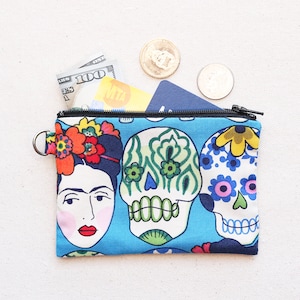 Frida Day of the Dead 100% Cotton Fabric Zipper Pouch, Coin Pouch, Coin Purse, Double Layer, Folkloric Artwork Alexander Henry Fabric