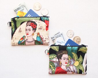 フリーダガーデン 100% コットン生地 ジッパーポーチ、コインポーチ、ジッパーポーチ、小銭入れ、二重層、フォークロアアートワーク アレクサンダーヘンリー生地