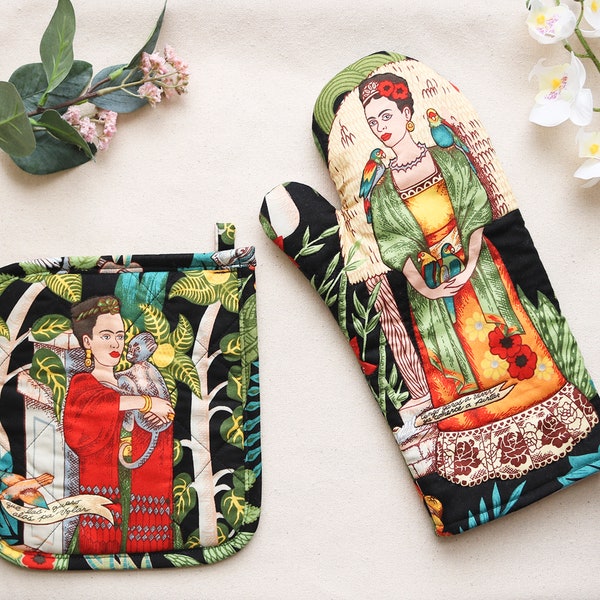 Frida Garden Küchenhandschuh- und Topflappen-Set für die Küche, 100 % gesteppte Baumwolle mit Isolierung, Geschenke für Sie, Grillhandschuh, folkloristische Kunst