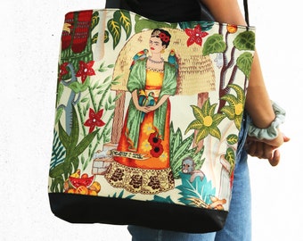 フリーダトートバッグ - プリントコットン、アーティスト、マーケットバッグ、トート、環境に優しい、フリーダバッグ、アーティスト、頑丈、ジッパー付き、