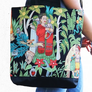 Frida Tote Bag - gedruckte Baumwolle, Künstler, Markttasche, Einkaufstaschen, umweltfreundlich, Frida Tasche, Künstler, schwere Aufgabe, mit Reißverschluss,