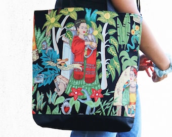 フリーダトートバッグ - プリントコットン、アーティスト、マーケットバッグ、トート、環境に優しい、フリーダバッグ、アーティスト、頑丈、ジッパー付き、