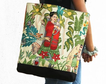 フリーダトートバッグ - プリントコットン、アーティスト、マーケットバッグ、トート、環境に優しい、フリーダバッグ、アーティスト、頑丈、ジッパー付き、