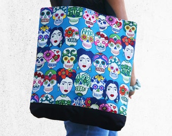 フリーダトートバッグ - プリントコットン、アーティスト、マーケットバッグ、トート、環境に優しい、フリーダバッグ、アーティスト、頑丈、ジッパー付き、