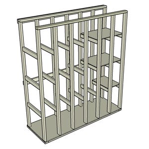 Può includere: Una scaffalatura in legno non rifinita di colore chiaro con tre ripiani. L'unità è costruita con travi di legno verticali e orizzontali, creando una struttura a griglia. I ripiani sono distanziati uniformemente.