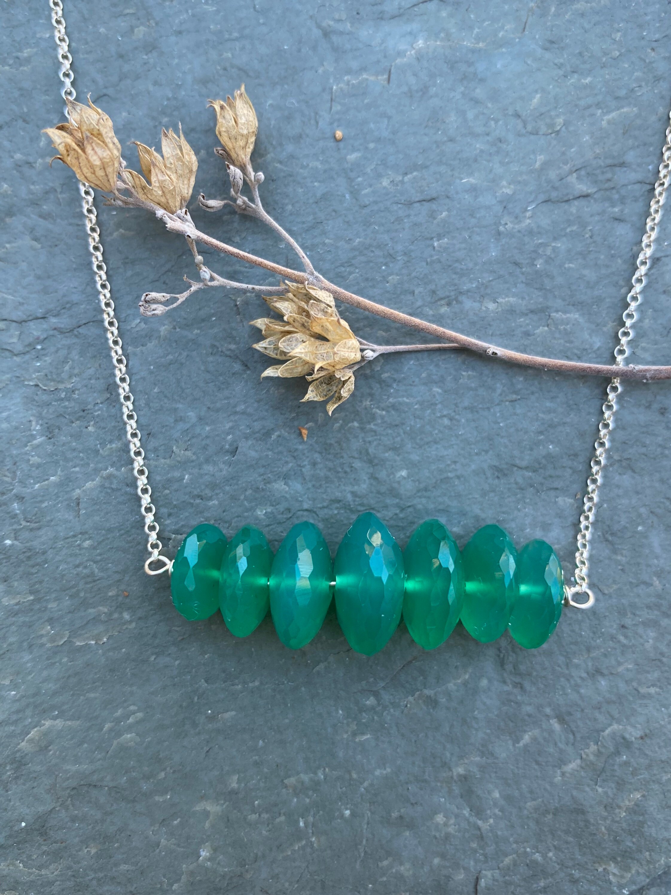 Green Onyx Bar necklace, German cut beads, sterling, minimalist jewelry