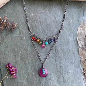 Colorful Drop Necklace with Thai Ruby/ Oxidized Sterling, Dainty, Minimalist, Colorful, Spring Jewelry