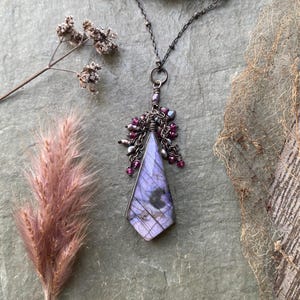 Purple Moon Labradorite cluster pendant, pearls, rhodolite Garnet, oxidized sterling silver