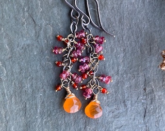 Gorgeous Carnelian and Spinel cluster earrings,  mixed metals gold & oxidized, spring jewelry