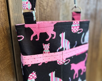 Handmade Pink Cat Crossbody Purse: Patterned Cotton Small Bag