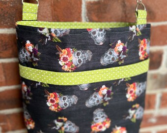 Handmade Floral Crown Skulls Crossbody Bag: Dia de los Muertos Theme