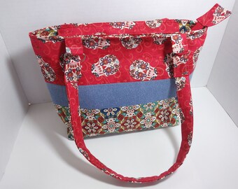 Sugar Skulls Denim Tote Bag: Large Zippered Purse