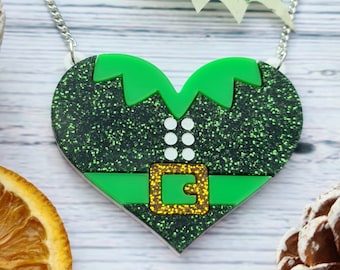 Sparkly Head Elf Heart Necklace / Laser Cut Acrylic Unique Gift for Her / Christmas Stocking Stuffer Best Friend Gifts / Elf Shelf Jewelry