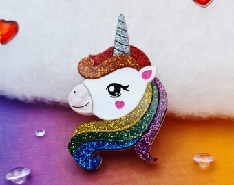 Rainbow Unicorn Brooch / Queer Laser Cut Acrylic Jewelry / Lesbian Gift for Her / Gay Trans Bi Pride Flag Pin