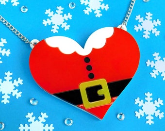 Santa Heart Christmas Necklace / Laser cut Acrylic Jewelry Unique Gift for Her / Best Friend Christmas Jewelry Stocking Stuffer