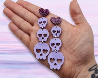 Lilac Purple Pastel Skully Trio Heart Dangle Earrings | Kawaii Halloween