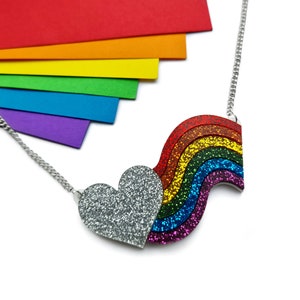 Glitter Heart Rainbow Pride Flag Necklace / Queer Laser Cut Acrylic Jewelry / Lesbian Gift for Her / Gay Trans Bi Pride