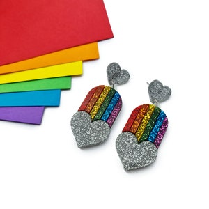 Glitter Heart Rainbow Pride Flag Earrings / Queer Laser Cut Acrylic Jewelry / Lesbian Gift for Her / Gay Trans Bi Pride