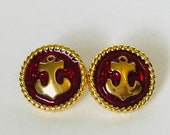 Trifari Gold Tone Red Enamel Anchor Button Earrings, Trifari Nautical Earrings, Post Back