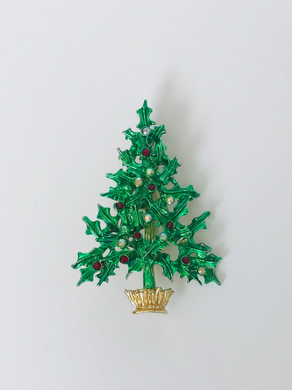 Christmas Tree Pin Vintage Holiday Brooch Gold Tone Red and Green Enamel Accents