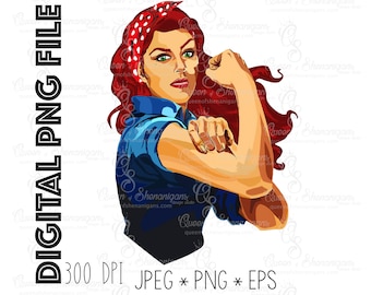 Green Eyed Redhead Woman Strong PNG File, Girl Power Digital File, Rosie the Riveter Clip Art for sublimation