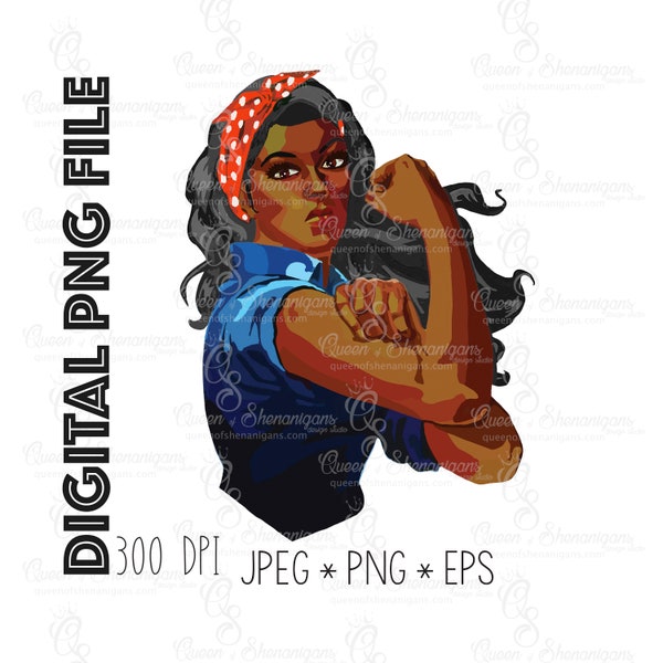 Silver Haired African American Woman  Strong Long Hair PNG File, Girl Power Digital File, Rosie the Riveter Clip Art for sublimation
