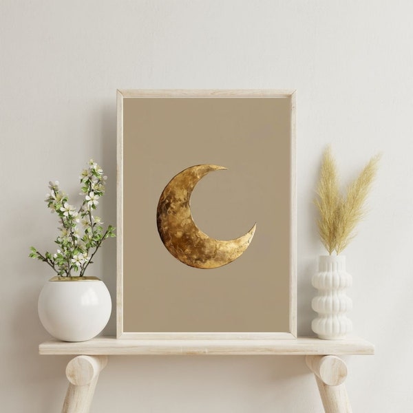 The Golden moon digital print, boho wall art, above bed decor, aesthetic, cozy room, moon phases