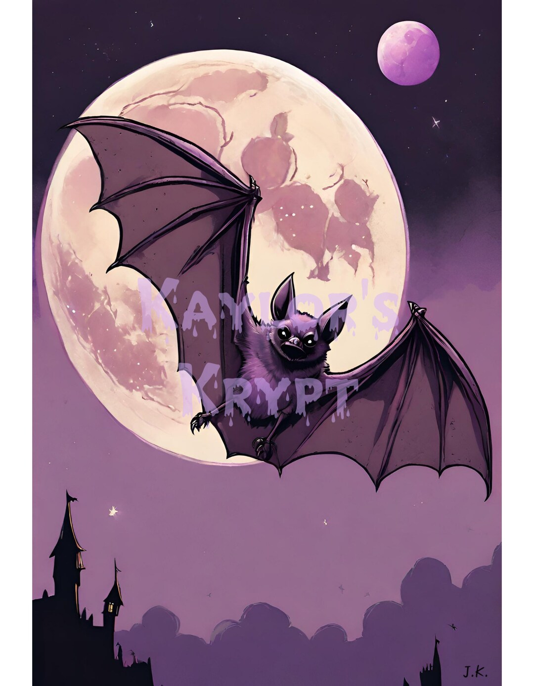 Spooky Creepy Cute Gothic Bat With Purple Moon Art Print Etsy