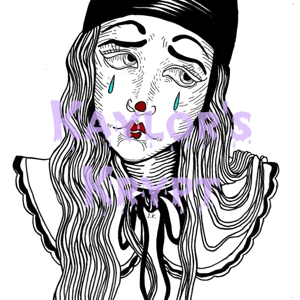 Creepy, Gothic, Spooky, Clown, Sad Girl, Pen and Ink, Art Print