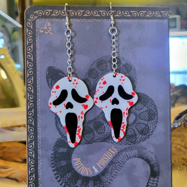 Ghost face, scream, blood splatter, horror movie earrings