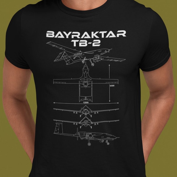 T-shirt technique imprimé Bayraktar TB-2 - T-shirt pour amateur de drones - Conception de drone militaire - T-shirt technique - Plan de drone