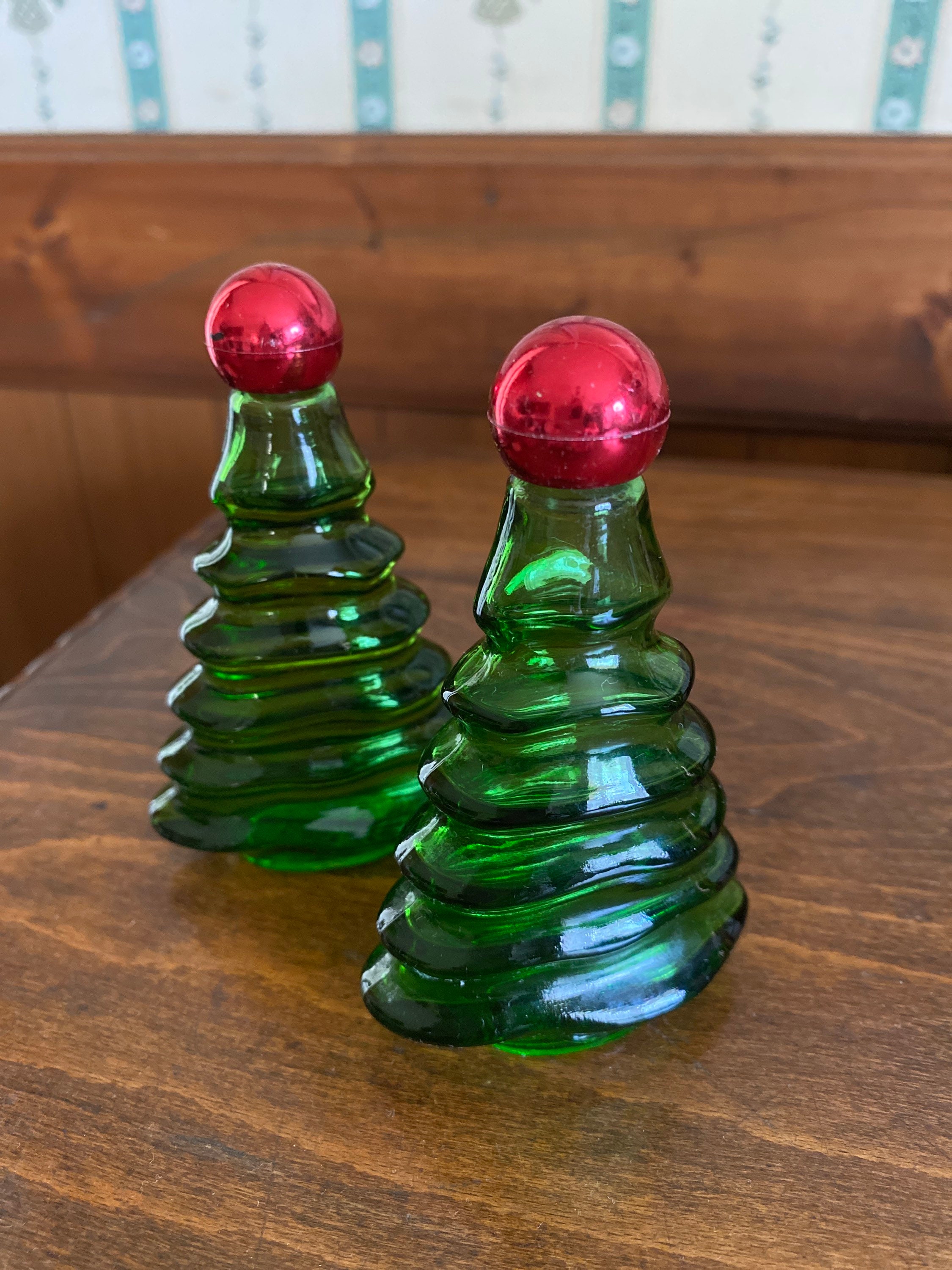 Two Green Glass Avon Christmas Tree Perfume Bottles with Red Etsy