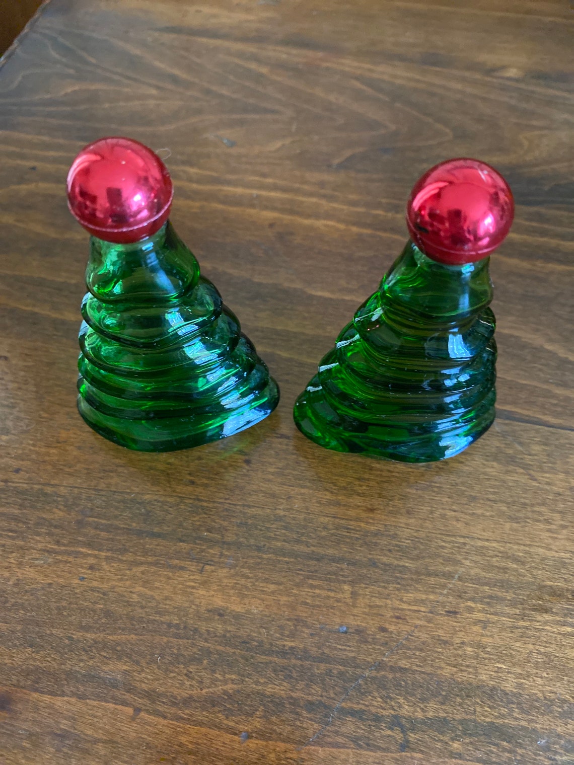 Two Green Glass Avon Christmas Tree Perfume Bottles with Red Etsy