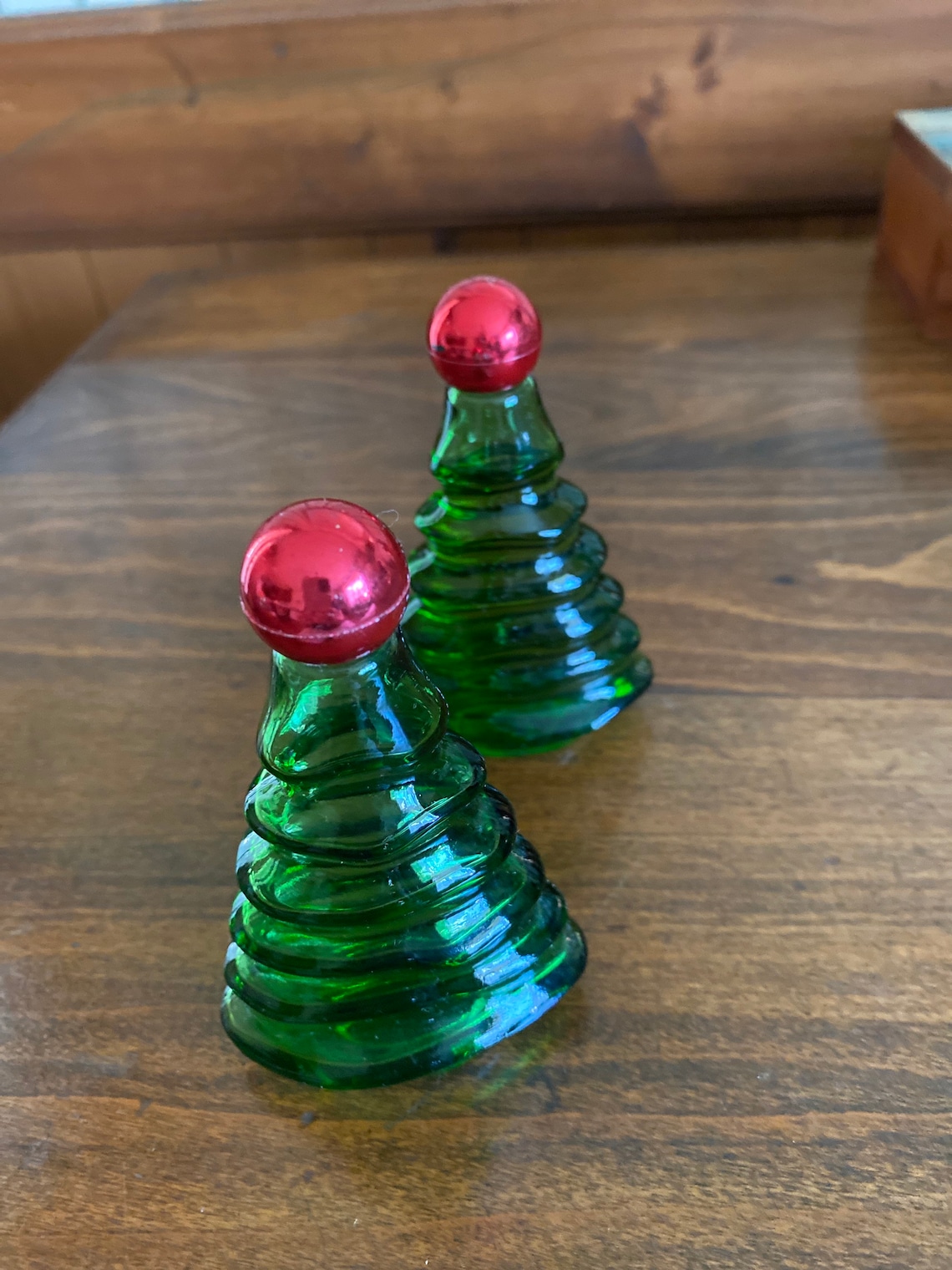 Two Green Glass Avon Christmas Tree Perfume Bottles with Red Etsy