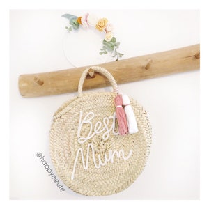 Round basket 30 cm personalized with word and pompoms - Moroccan basket - Beach bag - Mom&#39;s gift - EVJF Wedding Baptism