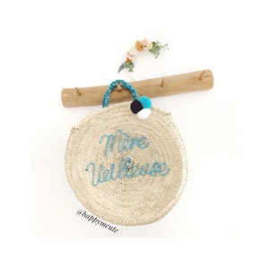 Large round basket 40 cm personalized with word and pompoms - beach bag - EVJF gift, Wedding