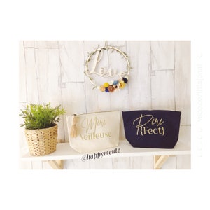 Custom ecru pouch with pompoms / Custom toiletry bag / Pompom pouch / Custom navy blue pouch