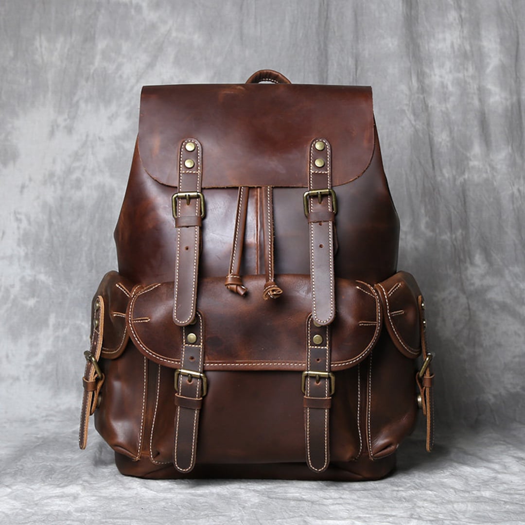 Retro Genuine Leather Backpack Men Leather Rucksack Travel Bag Etsy