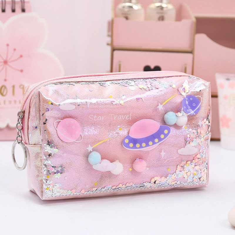 Pink Planet Clouds Cosmetic Pencil Pouch - Small Size