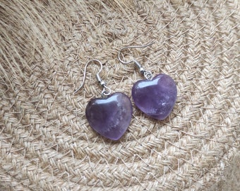 Amethyst silver handmade crystal earrings, heart hypoallergenic stainless steal purple drop, chakra healing dangle, love semi precious stone