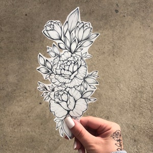 Large Floral temporary tattoo / Hand Drawn Temporary Tattoo / Realistic floral temporary tattoo