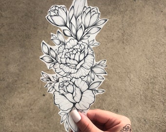 Large Floral temporary tattoo / Hand Drawn Temporary Tattoo / Realistic floral temporary tattoo
