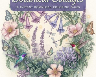 Botanical Collages | Vintage Floral Cottagecore Nature Coloring Pages | Flowers, Butterflies & Garden Relaxation | Printable JPEG