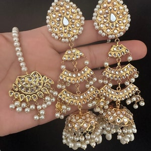 Gold Plated Kundan Chandbali Earrings with Tikka: Indian Pakistani Jewelry