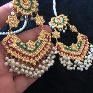 Kundan Chandbali Earrings: Thappa Style, Red & Green Indian Jewelry