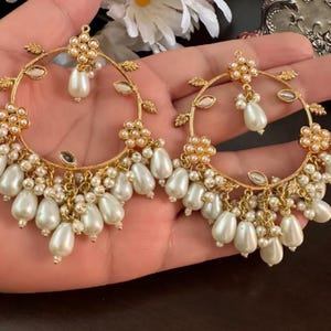Kundan Hoop Earrings: Gold Plated Indian Pearl Jewelry