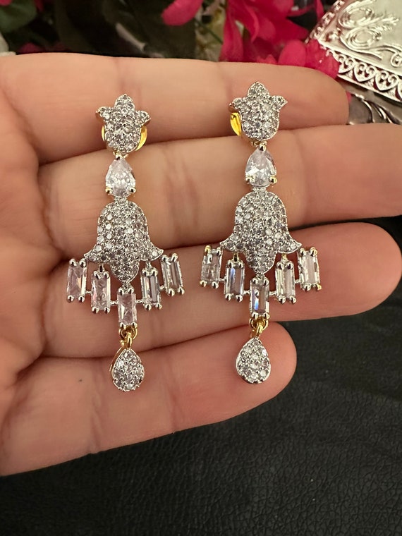 Silver Plated Zircon Drop Earrings: Indian Kundan Jewelry - Main Image