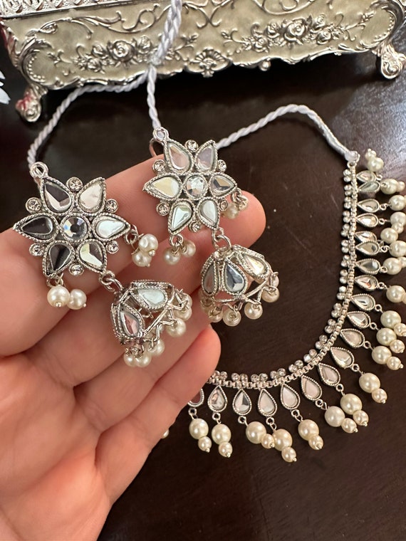 Jewelry Set Silver Jewelry Necklace for Women Indian Set Gift for Girls Silver Necklace Set Bridesmaids Jewelry Necklace Kundan Set Jhumka Etsy Canada